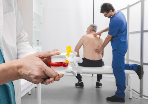 Chiropractor holding herniated disc spine model with patient consultation in background